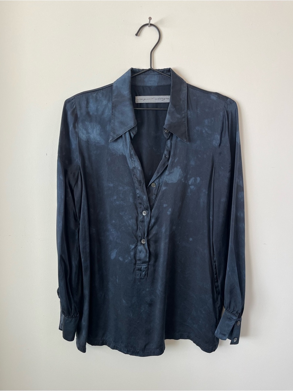 Raquel Allegra Satin Button-Down Blouse in Tie Dye Deep Blue